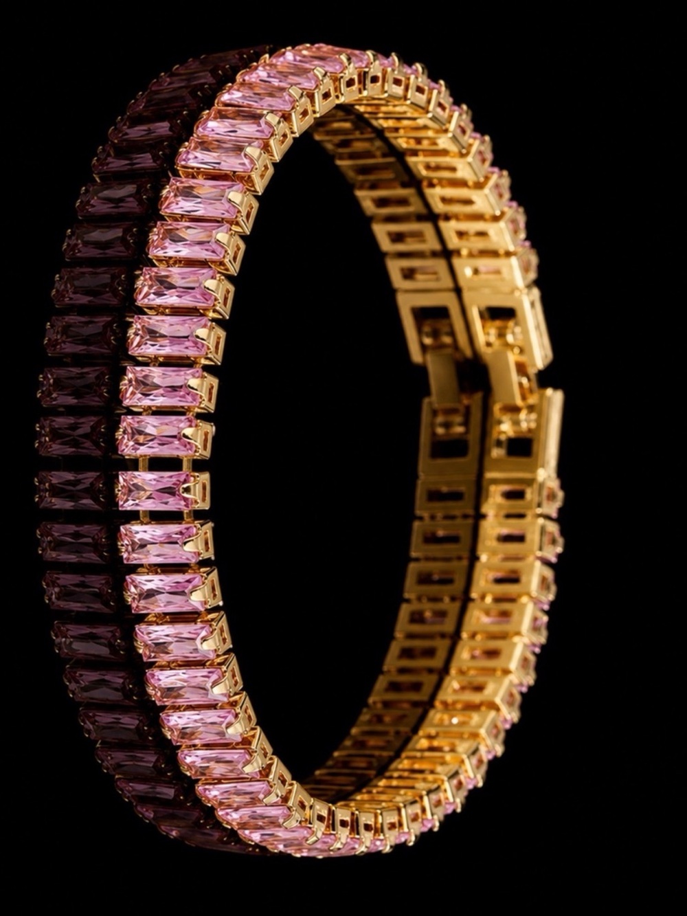 Gold Bracelet with Pink Baguette Crystals - Women's Jewelry